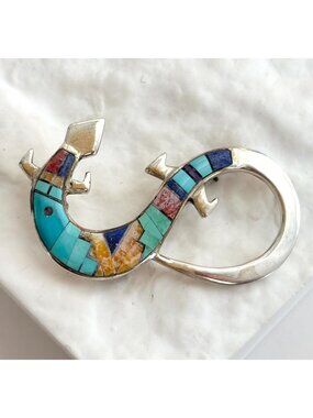 ZUNI Lizard Figural Turquoise, Coral 925 Sterling Silver Vintage Brooch  Pendant
